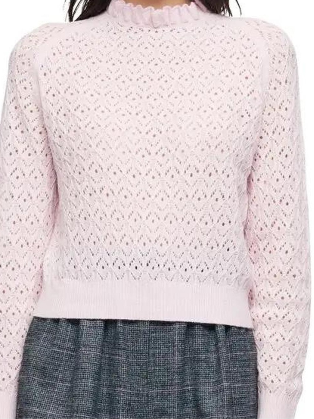 Maje Pink Motifette Ruffled Pointelle Wool Blend Sweater